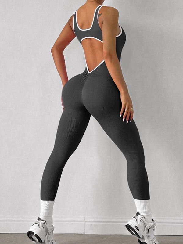 Damen Kontrastfarbe Rückenfreies Ripp-Jumpsuit