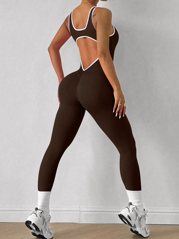 Damen Kontrastfarbe Rückenfreies Ripp-Jumpsuit