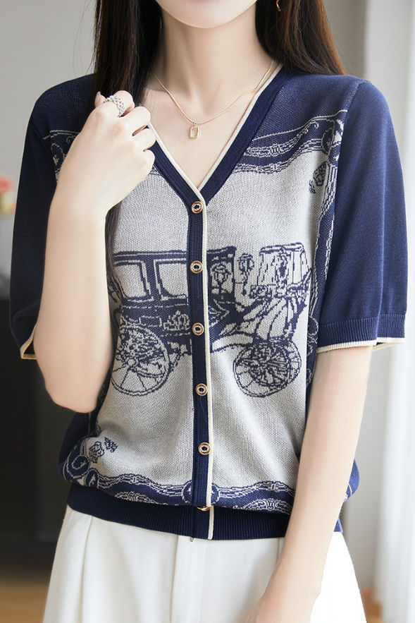 V-Ausschnitt Farbblock Strick T-Shirt