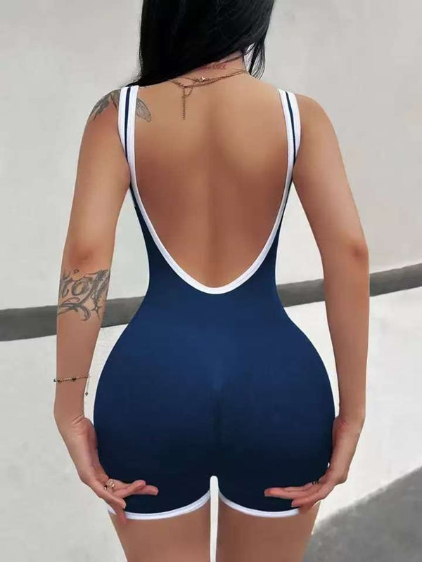 Damen Kontrastfarbe Ripp-Scrunch-Bum Rückenfreies Jumpsuit
