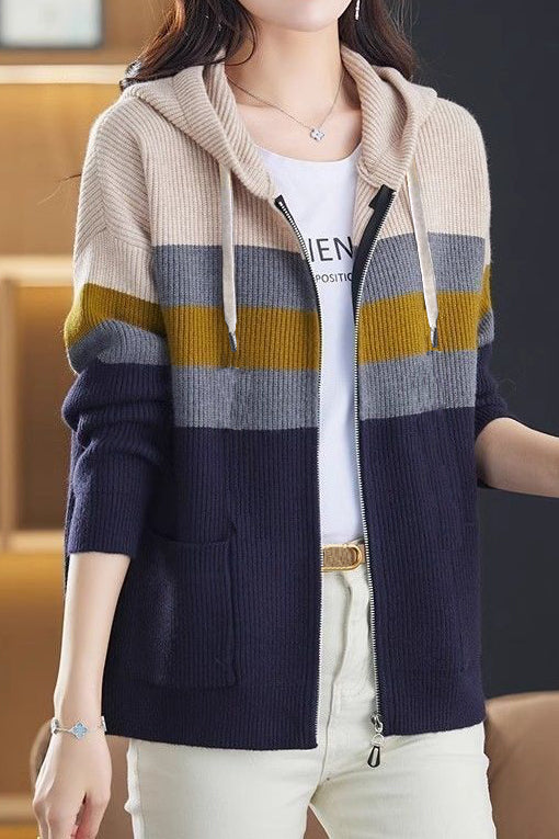 Lässiger vielseitiger Farbblock-Hoodie mit Reißverschluss Strickjacke