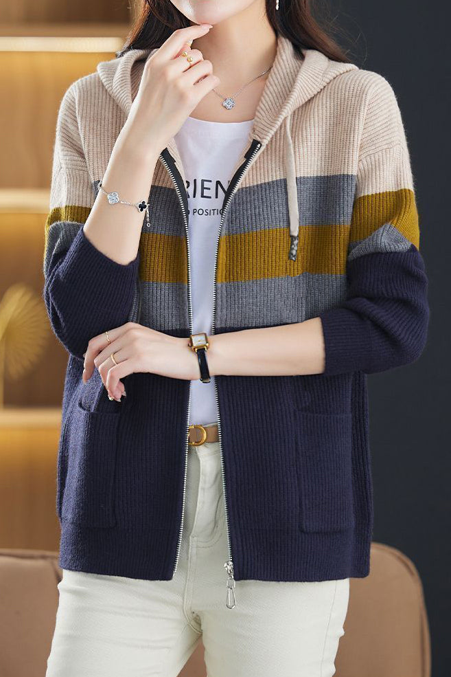 Lässiger vielseitiger Farbblock-Hoodie mit Reißverschluss Strickjacke