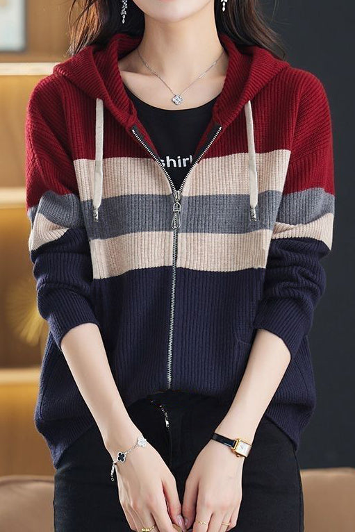 Lässiger vielseitiger Farbblock-Hoodie mit Reißverschluss Strickjacke