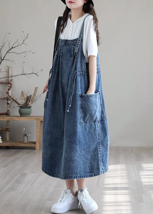 Große Größen Blau Drawstring Tasche Spaghetti-Träger Baumwoll-Denim Kleid Frühling