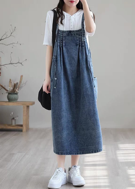 Große Größen Blau Drawstring Tasche Spaghetti-Träger Baumwoll-Denim Kleid Frühling