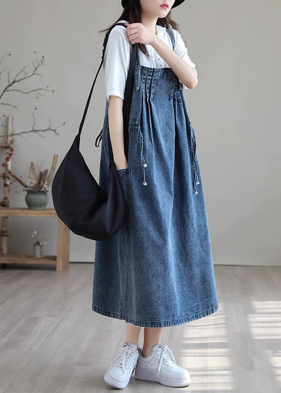 Große Größen Blau Drawstring Tasche Spaghetti-Träger Baumwoll-Denim Kleid Frühling