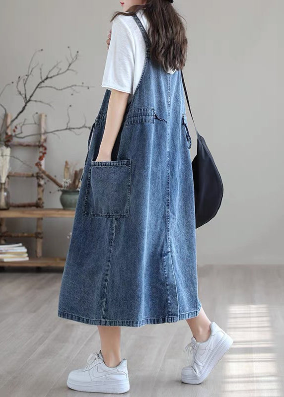 Große Größen Blau Drawstring Tasche Spaghetti-Träger Baumwoll-Denim Kleid Frühling