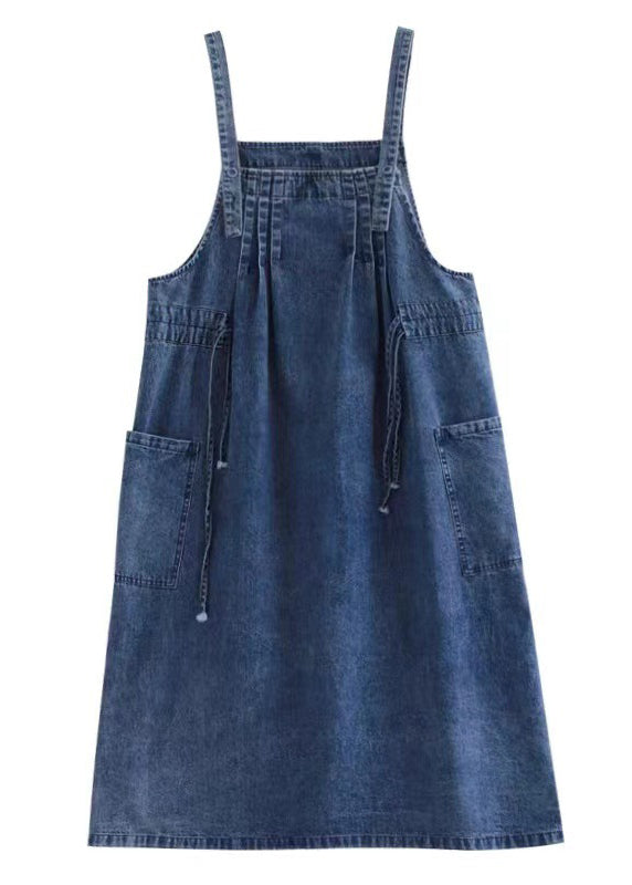 Große Größen Blau Drawstring Tasche Spaghetti-Träger Baumwoll-Denim Kleid Frühling