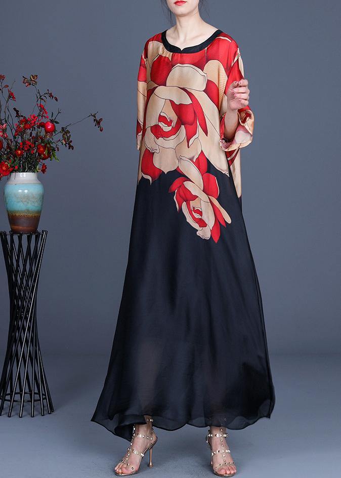 Plus Size Rot Print O-Ausschnitt Chiffon Sommerkleid