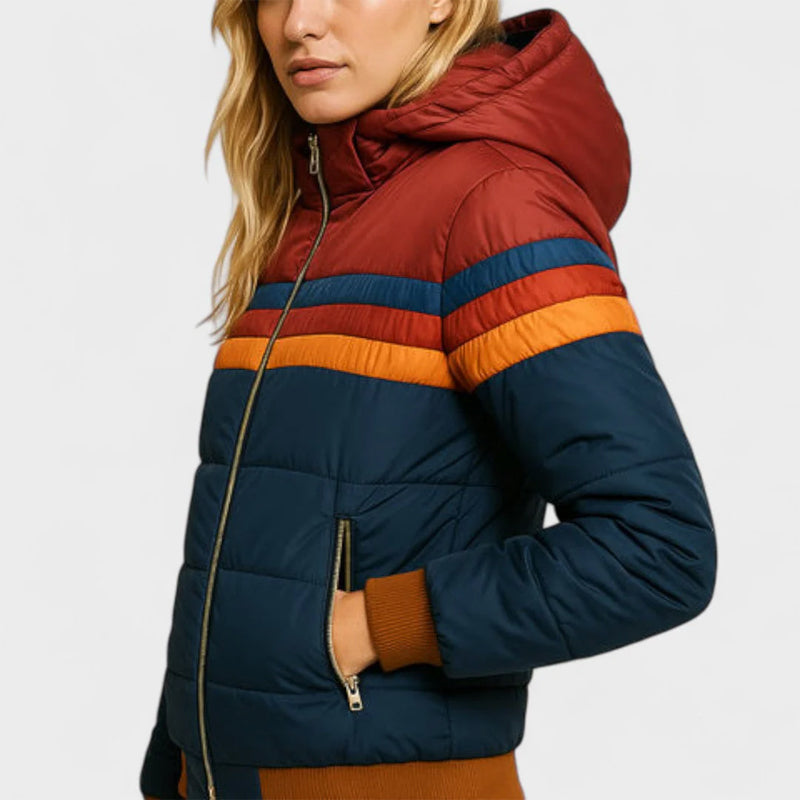 Retro Colorblock Kapuzen-Pufferjacke