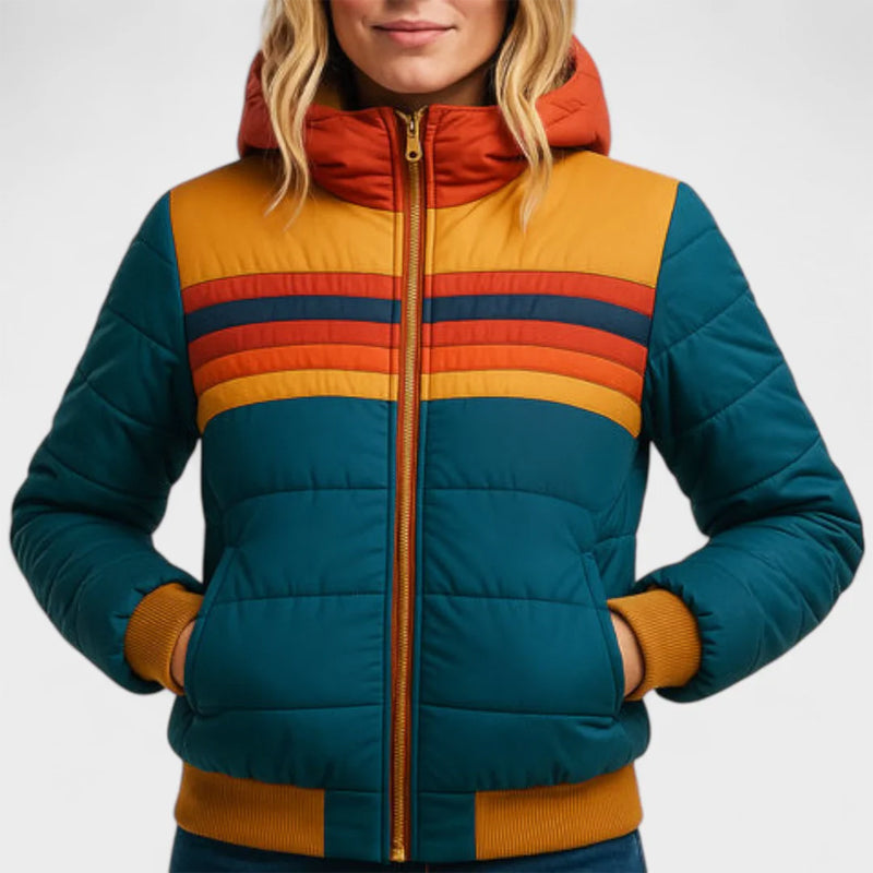 Retro Colorblock Kapuzen-Pufferjacke