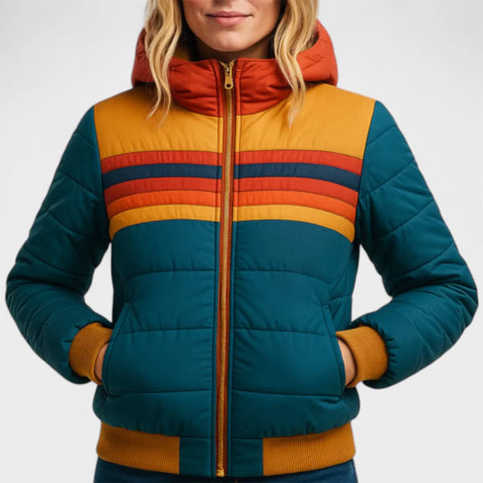 Retro Colorblock Kapuzen-Pufferjacke