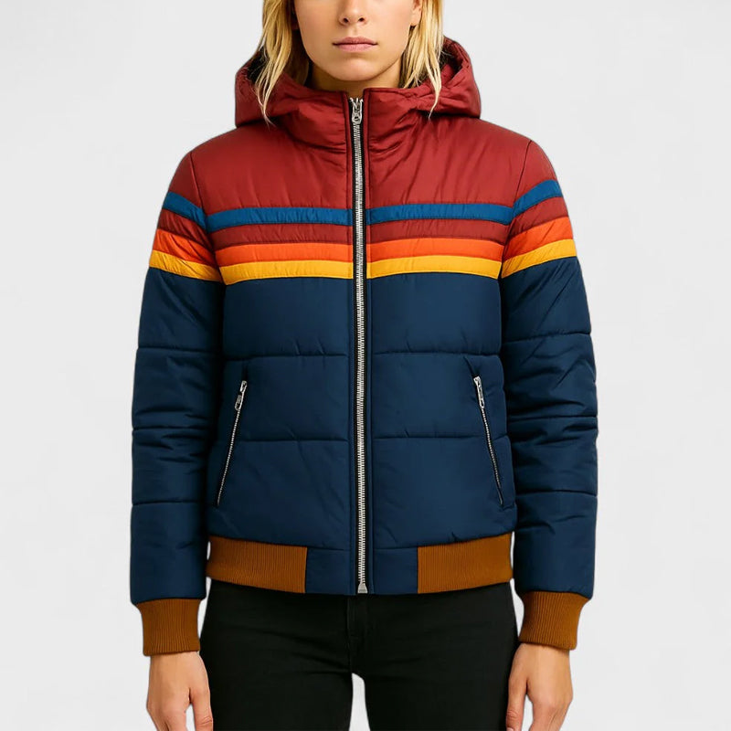 Retro Colorblock Kapuzen-Pufferjacke