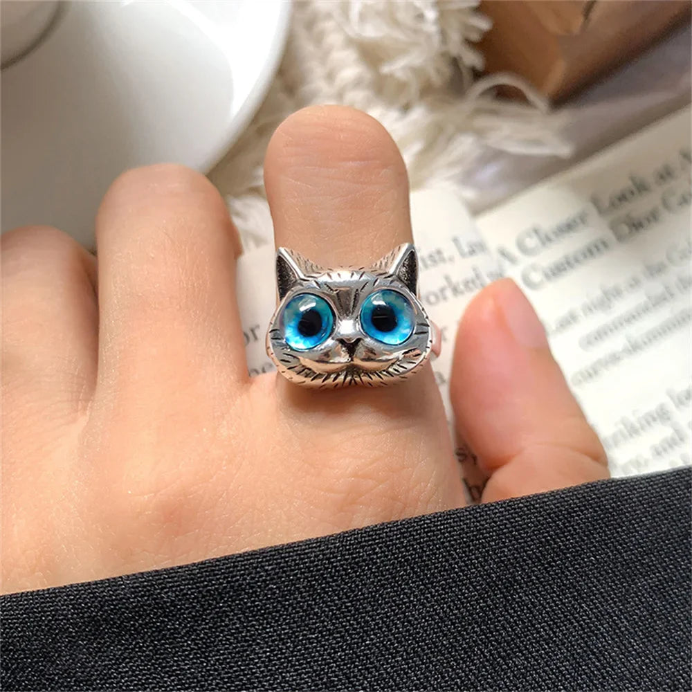 Blaue-Augen-Katzenring – Verspielter Vintage-Silber-Ring für Katzenliebhaber
