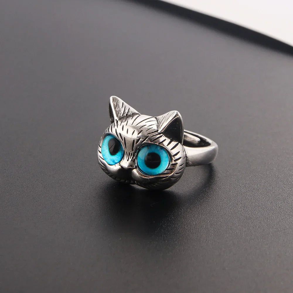 Blaue-Augen-Katzenring – Verspielter Vintage-Silber-Ring für Katzenliebhaber