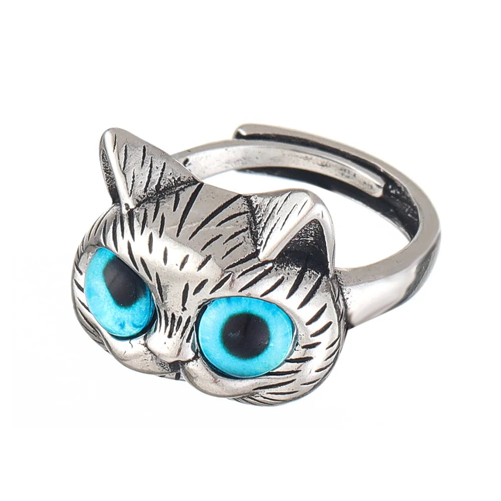 Blaue-Augen-Katzenring – Verspielter Vintage-Silber-Ring für Katzenliebhaber