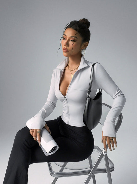 Damen Reißverschluss Daumenloch Langarm