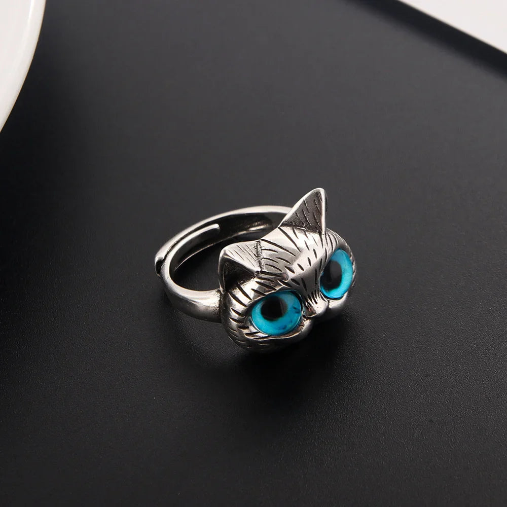 Blaue-Augen-Katzenring – Verspielter Vintage-Silber-Ring für Katzenliebhaber
