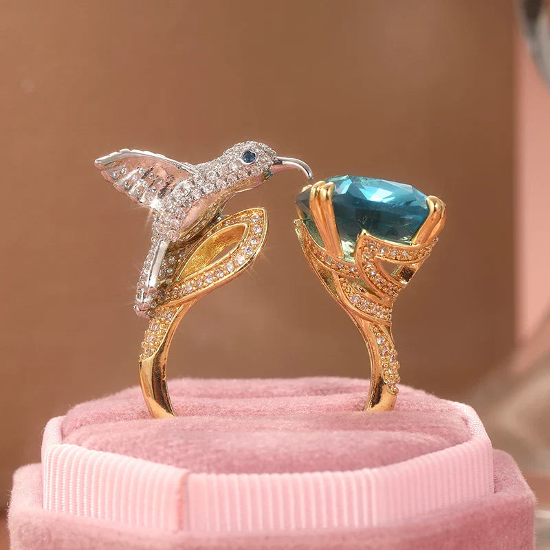 Verstellbarer Hummingbird-Ring in Aquamarinfarbe – 14K vergoldet
