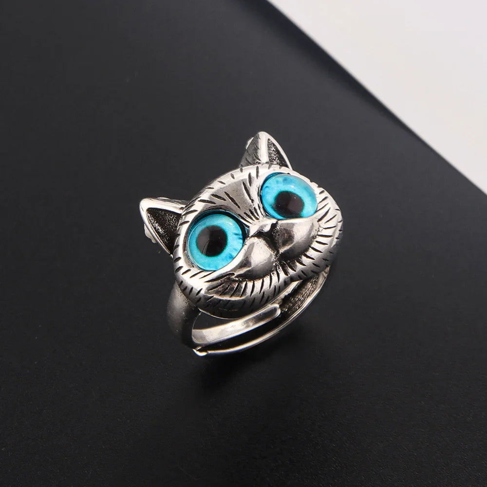 Blaue-Augen-Katzenring – Verspielter Vintage-Silber-Ring für Katzenliebhaber
