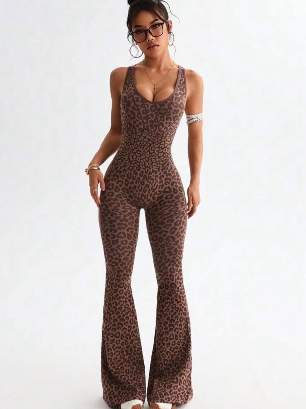 Damen Sexy Leopardenmuster Hollow Out Kreuz Rücken Tiefer V Rücken Jumpsuit