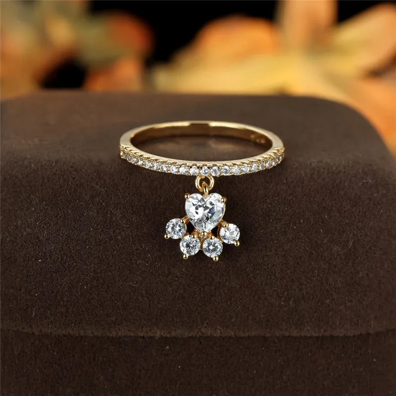 Vintage Katzenpfote & Herzstein Ring – Gold- und Silberton