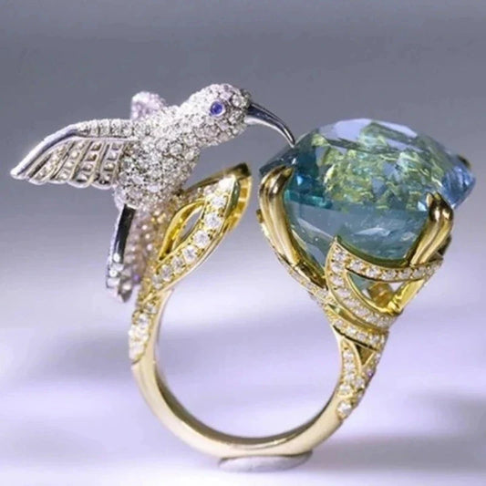 Verstellbarer Hummingbird-Ring in Aquamarinfarbe – 14K vergoldet