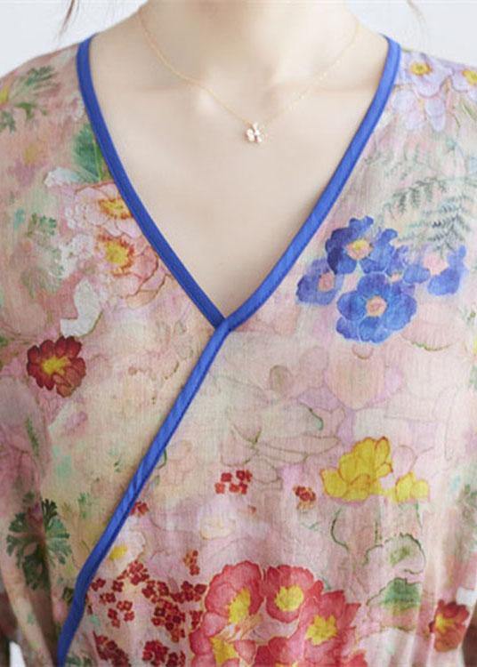 Einfaches Druck V-Ausschnitt Floral Sommer Bindegürtel Lange Kleider Halbe Ärmel