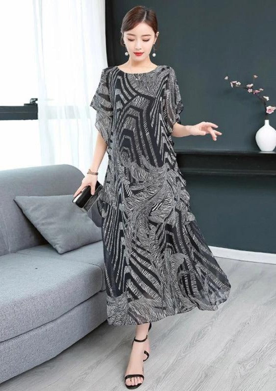 Einfaches O-Ausschnitt Chiffon-Kleid für Frauen mit schwarzem Druck Kaftan