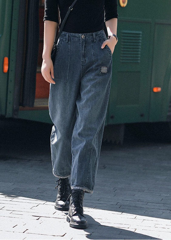 Stil Navy Hohe Taille Taschen Harem Casual Herbst Denim Hosen