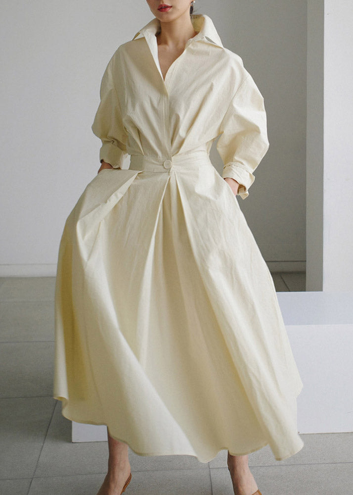 2025 Beiger Peter Pan Kragen Taschen Baumwollkleid Langarm