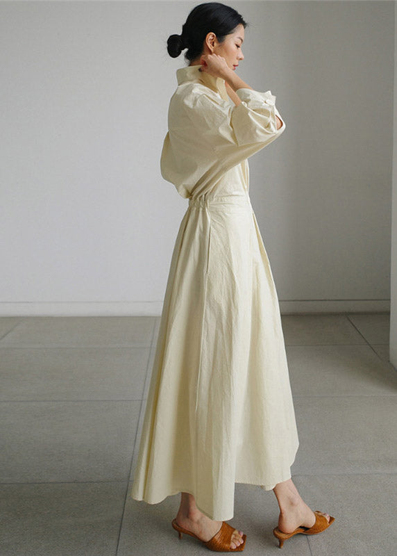 2025 Beiger Peter Pan Kragen Taschen Baumwollkleid Langarm