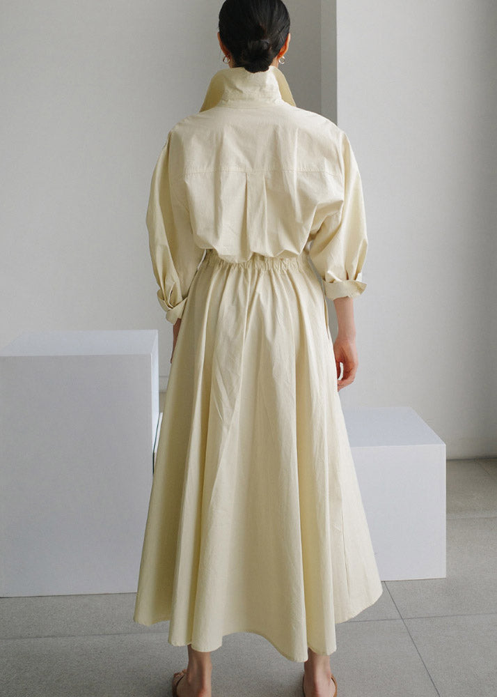 2025 Beiger Peter Pan Kragen Taschen Baumwollkleid Langarm