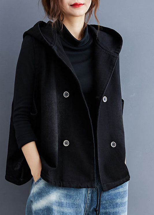 Einzigartiger schwarzer Kapuzen-Button Denim Trench ärmelloser Weste