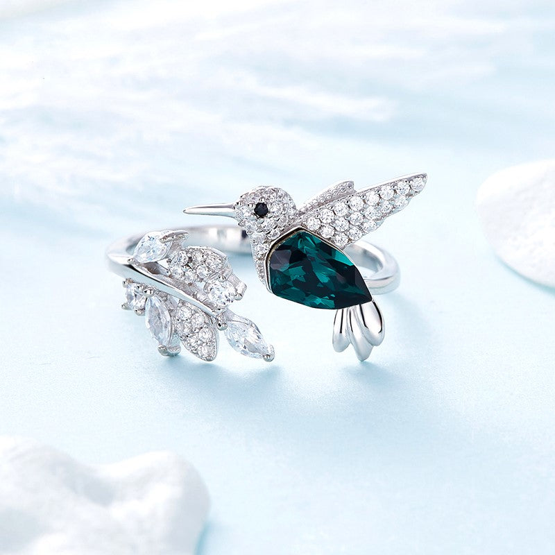 Verstellbarer Kolibri Funkelring mit Strass-Diamant