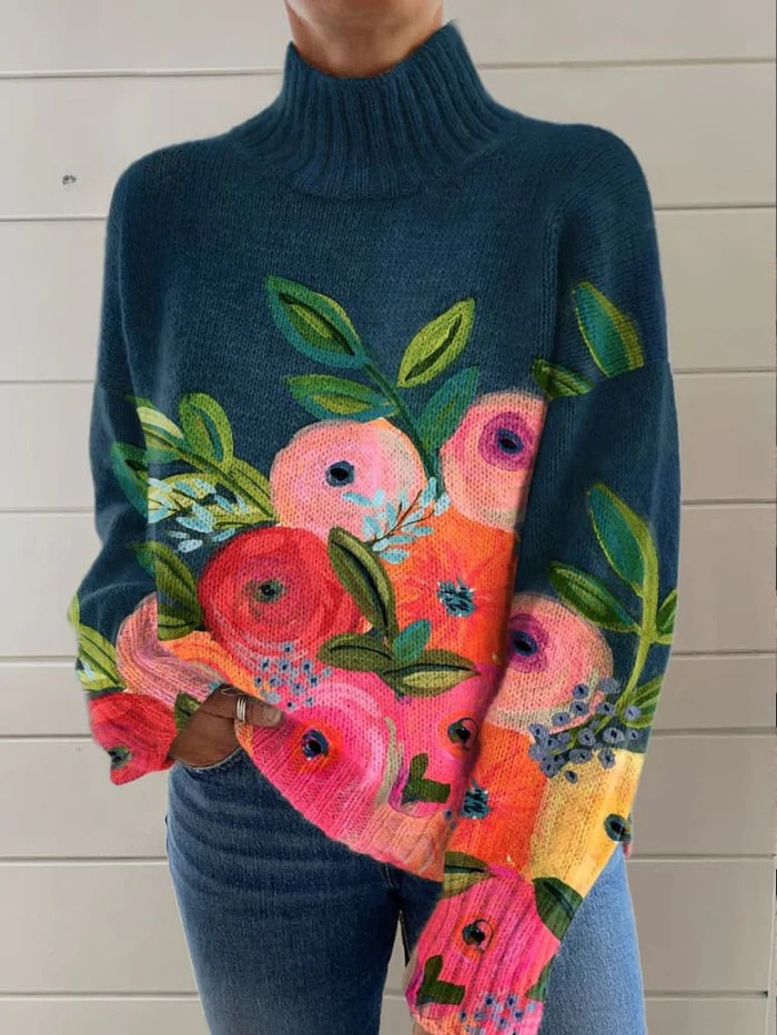 Opal | Retro florales Muster Rollkragenpullover