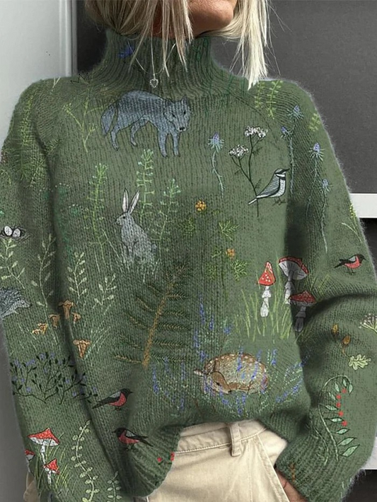 Nadja® | Pullover mit Wald- und Tierdruck, gestrickt, mit Rollkragen