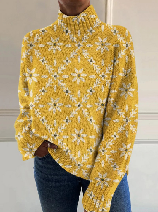 Claudette | Vintage farbenfroher floraler Blockdruck Rollkragenpullover