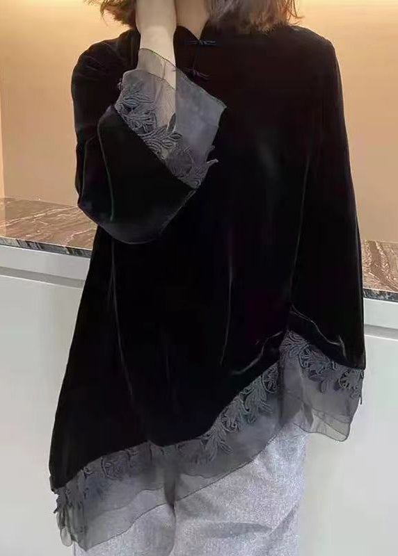 Vintage Schwarzes Stehkragen Asymmetrisches Patchwork Velours Hemd Herbst