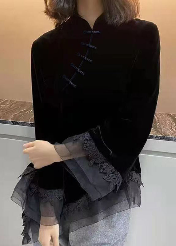 Vintage Schwarzes Stehkragen Asymmetrisches Patchwork Velours Hemd Herbst