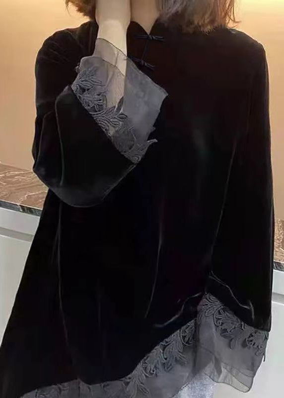 Vintage Schwarzes Stehkragen Asymmetrisches Patchwork Velours Hemd Herbst