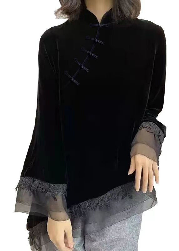 Vintage Schwarzes Stehkragen Asymmetrisches Patchwork Velours Hemd Herbst