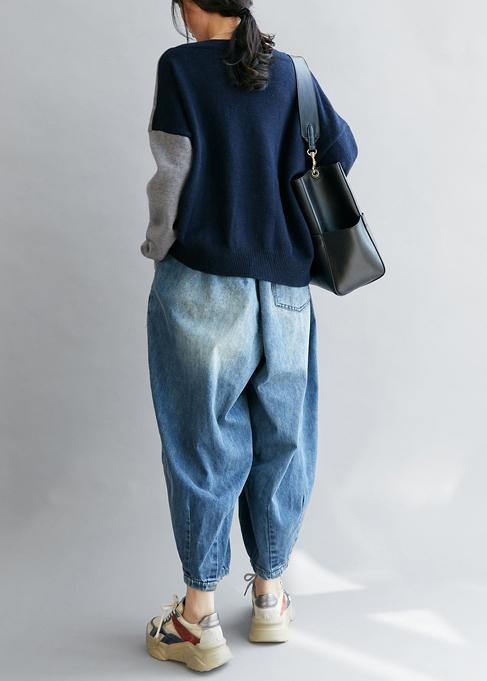 Vintage blaue Kleidung V-Ausschnitt Patchwork Lockere Herbstpullover