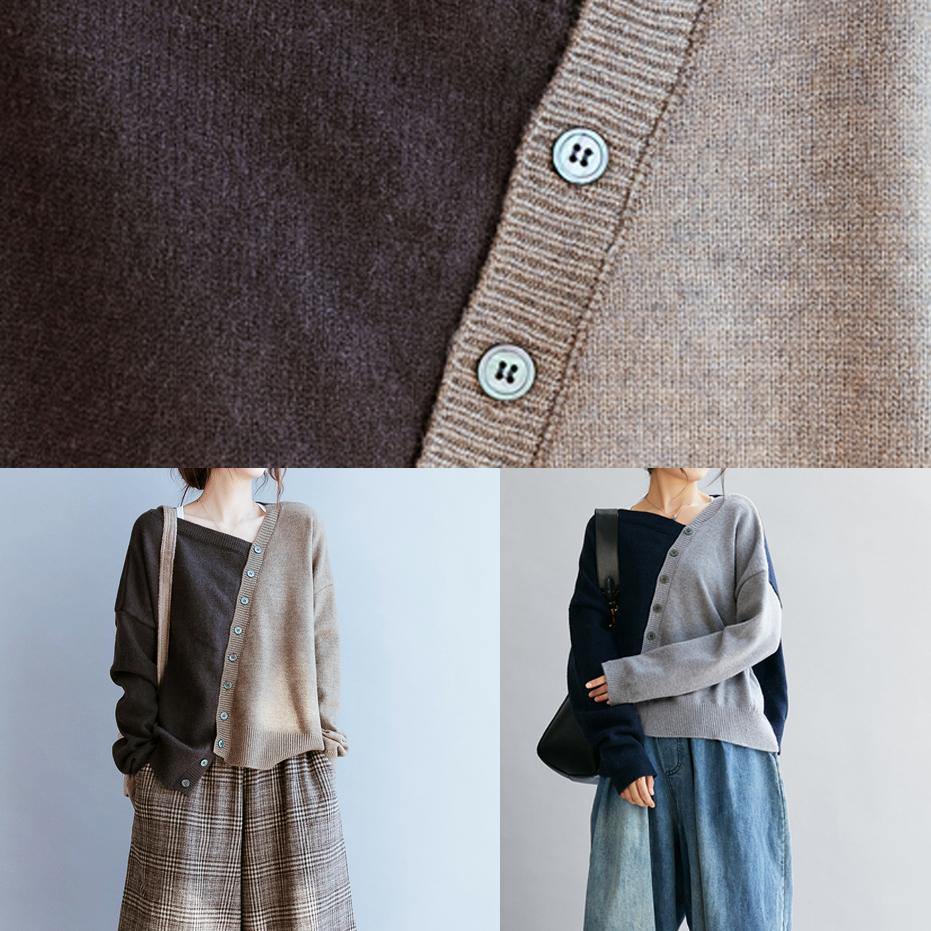 Vintage blaue Kleidung V-Ausschnitt Patchwork Lockere Herbstpullover