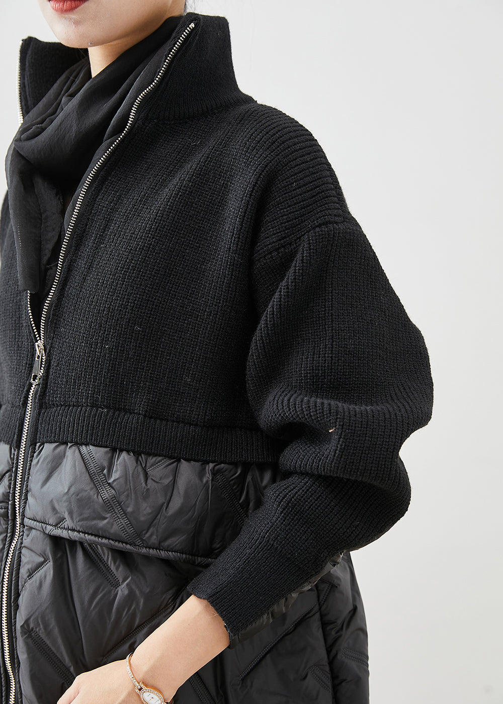 Damen Schwarze Reißverschluss Patchwork Feine Baumwollgefüllte Strickjacke Winter