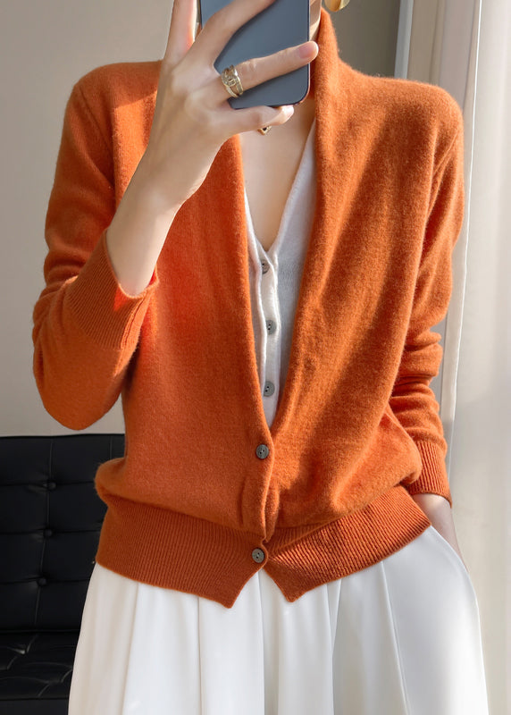 Damen Grüner V-Ausschnitt Knopf Patchwork Woll Stricktop Herbst