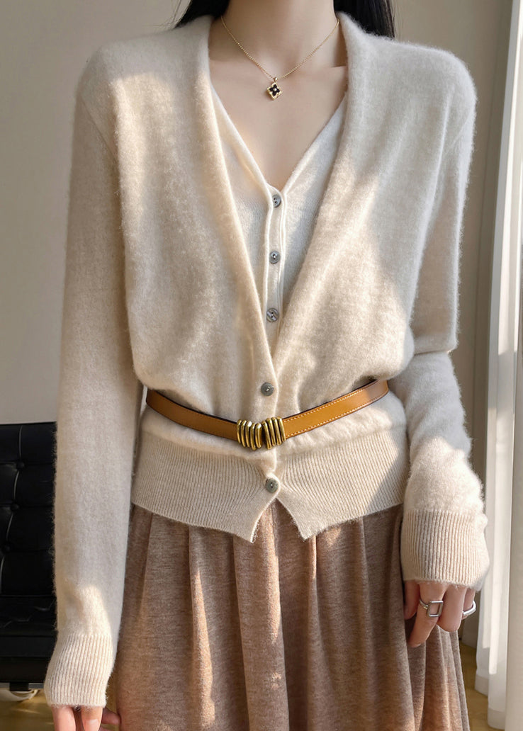 Damen Grüner V-Ausschnitt Knopf Patchwork Woll Stricktop Herbst