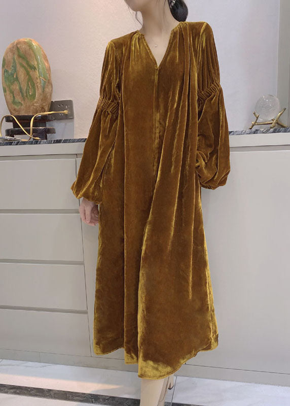 Damen Gelbes Puffärmeliges Velour Kleid mit Taschen für den Frühling