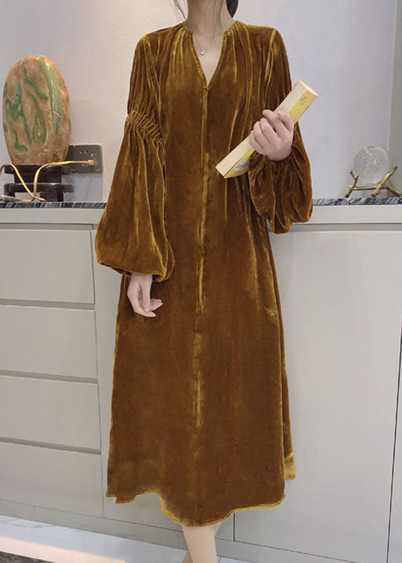 Damen Gelbes Puffärmeliges Velour Kleid mit Taschen für den Frühling