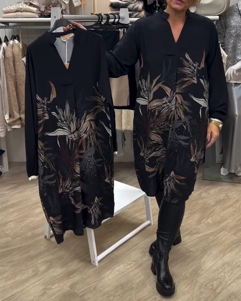 Kleid mit V-Ausschnitt, bedruckt mit Blättern, lange Ärmel